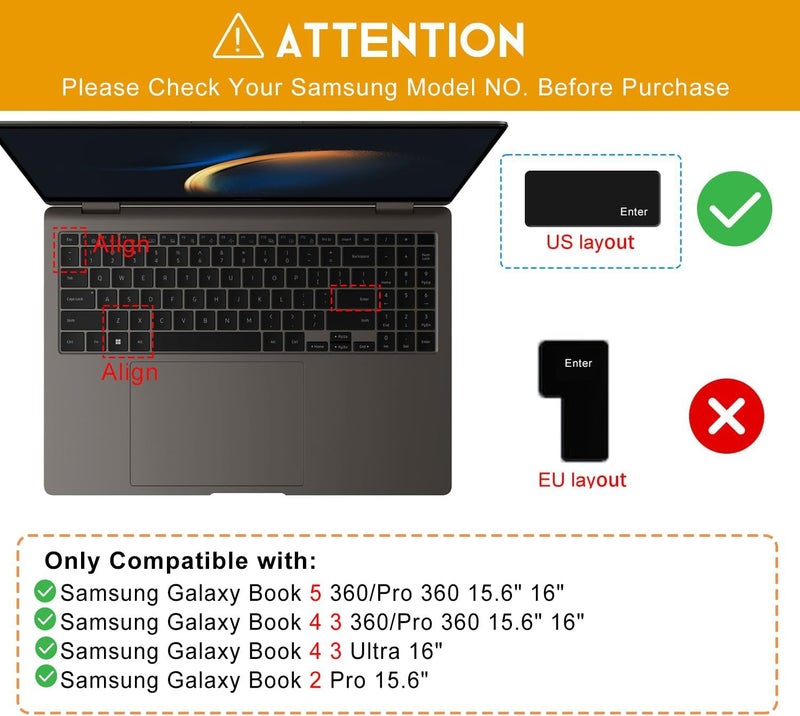 CaseBuy غطاء لوحة مفاتيح لجهاز سامسونج جالكسي بوك 5 4 3 2 برو 360 16" 2025 2024 2023، جالكسي بوك 5/4/3 360 15.6، NP960XFG NP964XFG NP754XFG NP950XED NP950QDB واقي لوحة المفاتيح، أسود - Image 2